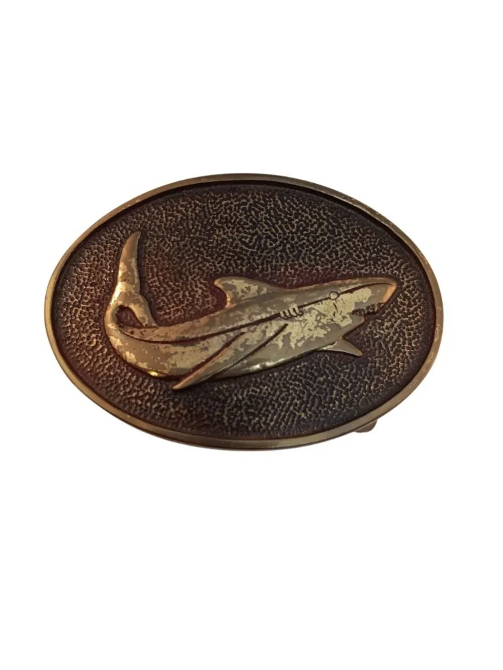 Vintage BTS Solid Brass Shark Belt Buckle Oval Design 3.5